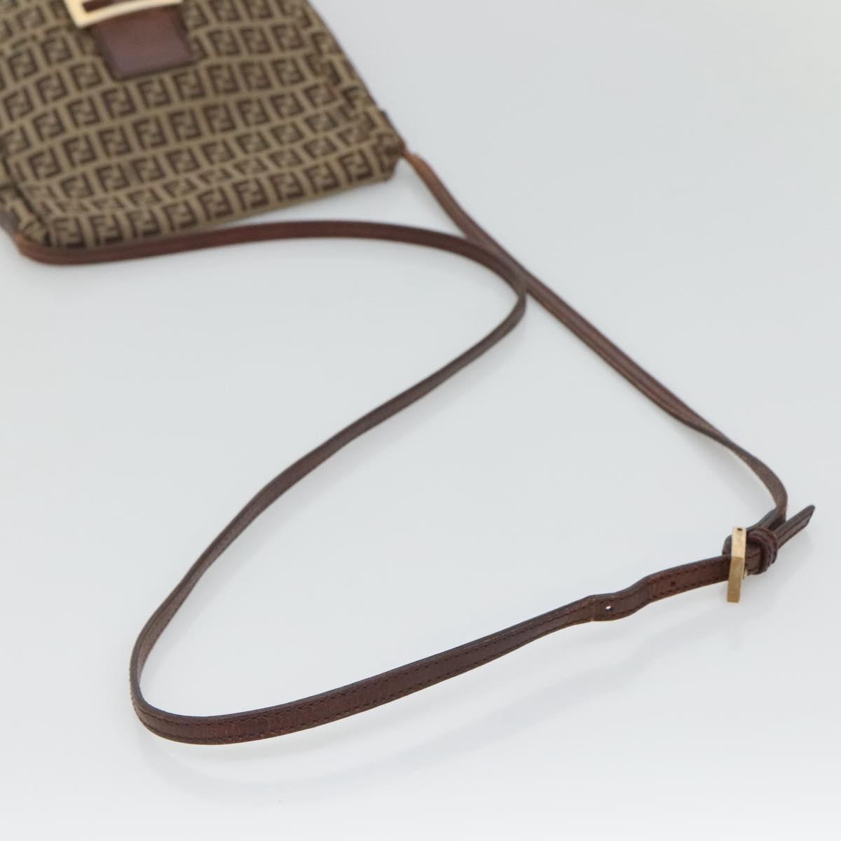 FENDI Zucchino Canvas Shoulder Bag Brown Gold Auth 124351