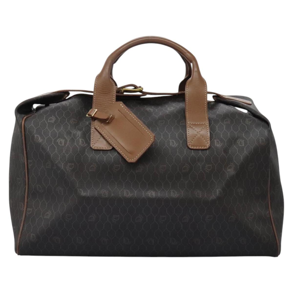 Christian Dior Honeycomb Canvas Boston Bag PVC Black Brown gold Auth 124363