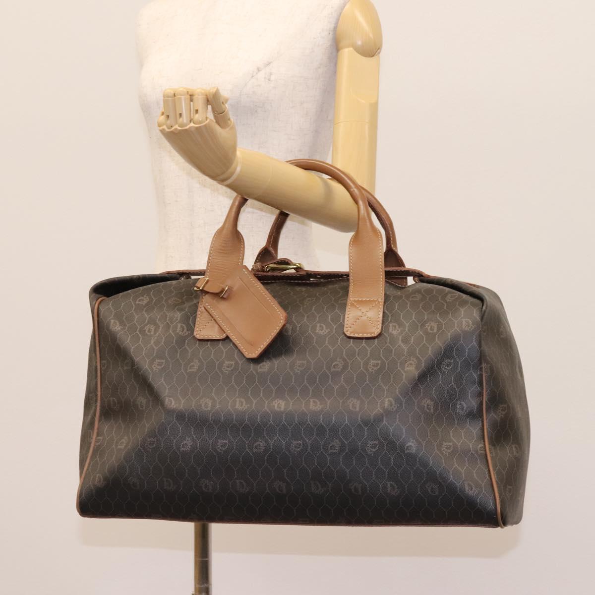 Christian Dior Honeycomb Canvas Boston Bag PVC Black Brown gold Auth 124363