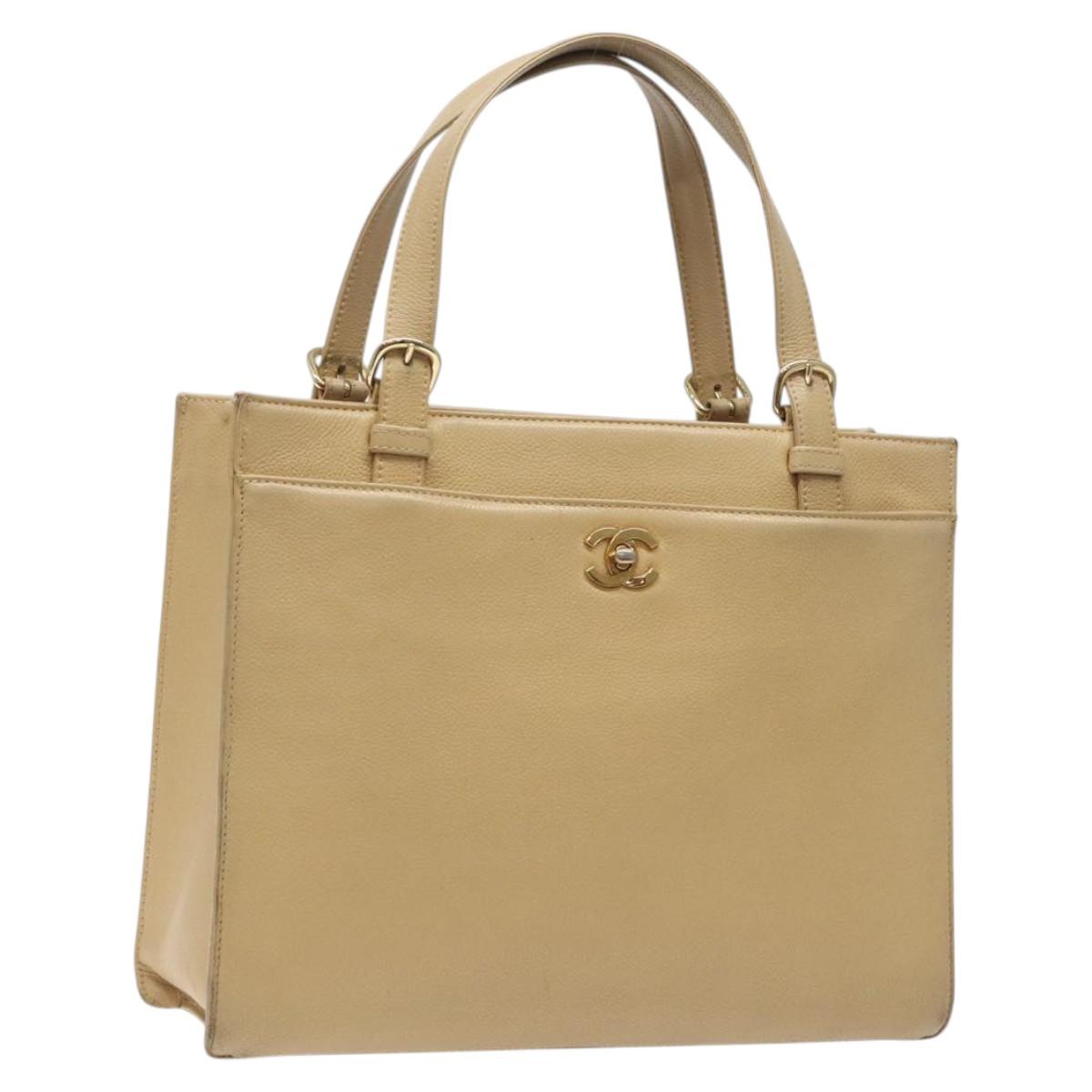 CHANEL Hand Bag Caviar Skin Beige Gold CC Auth 124376