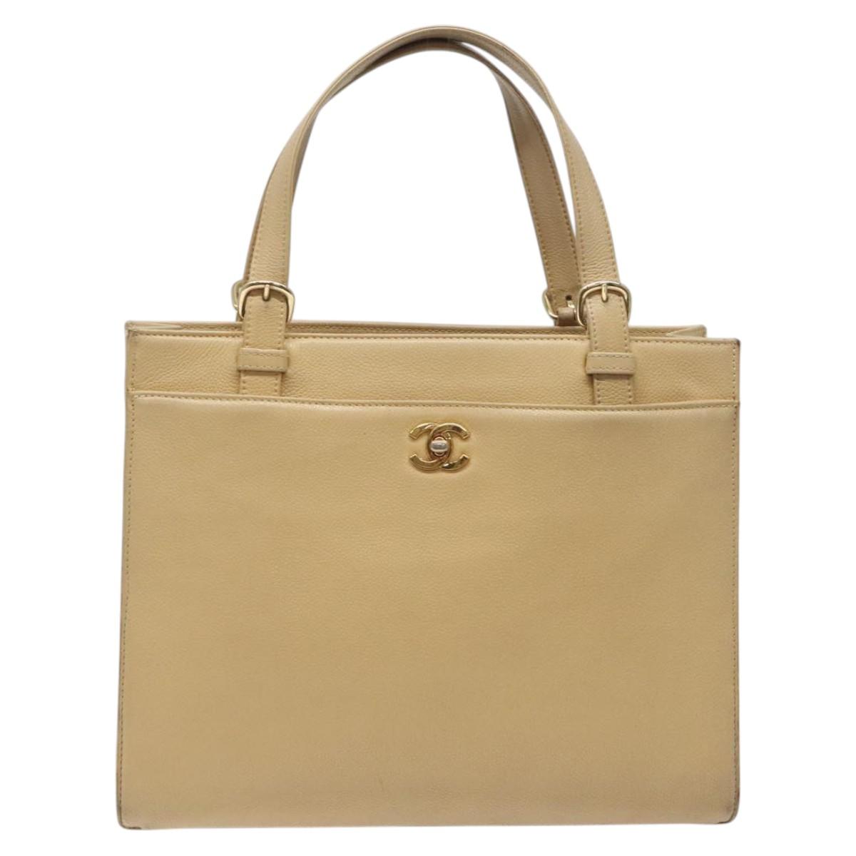 CHANEL Hand Bag Caviar Skin Beige Gold CC Auth 124376