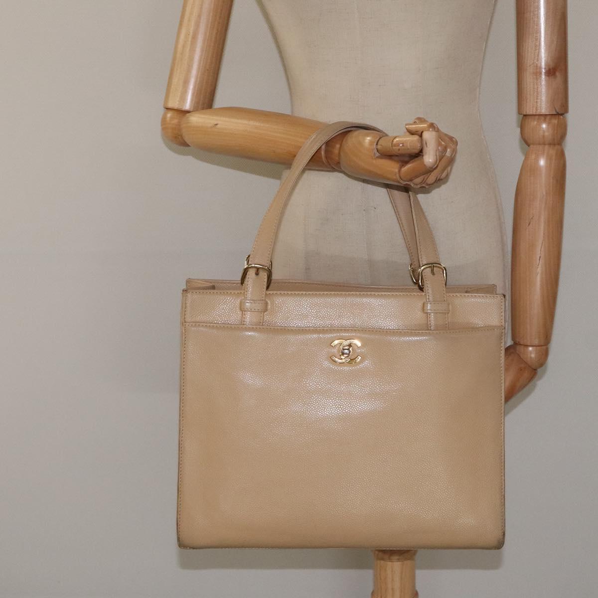 CHANEL Hand Bag Caviar Skin Beige Gold CC Auth 124376