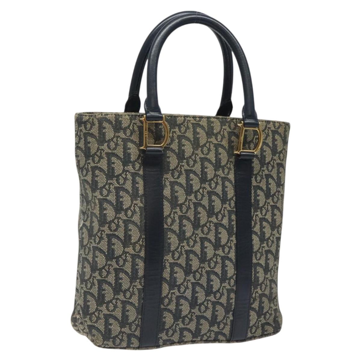 Christian Dior Trotter Canvas Hand Bag Navy Gold Auth 124422