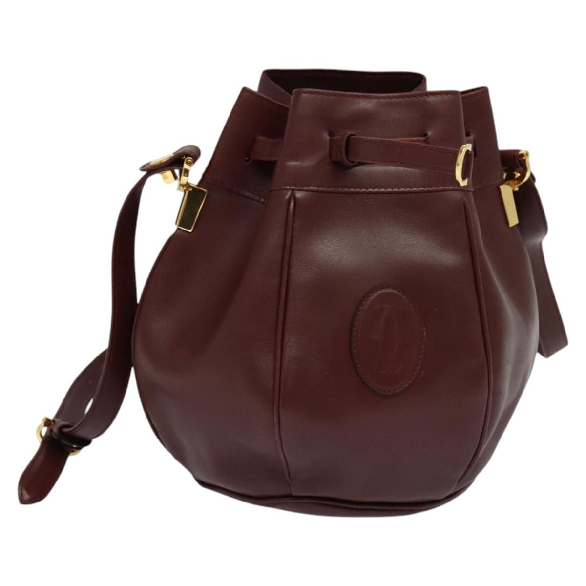 CARTIER Must Line Shoulder Bag Leather Bordeaux Gold Auth 124429