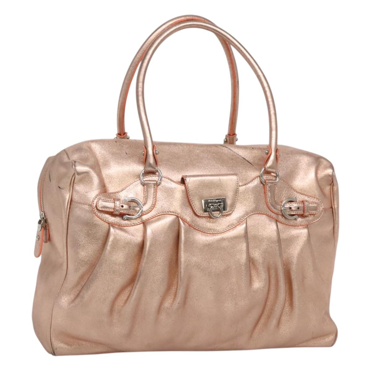 Salvatore Ferragamo Gancini Shoulder Bag Leather Silver Pink gold Auth 124430