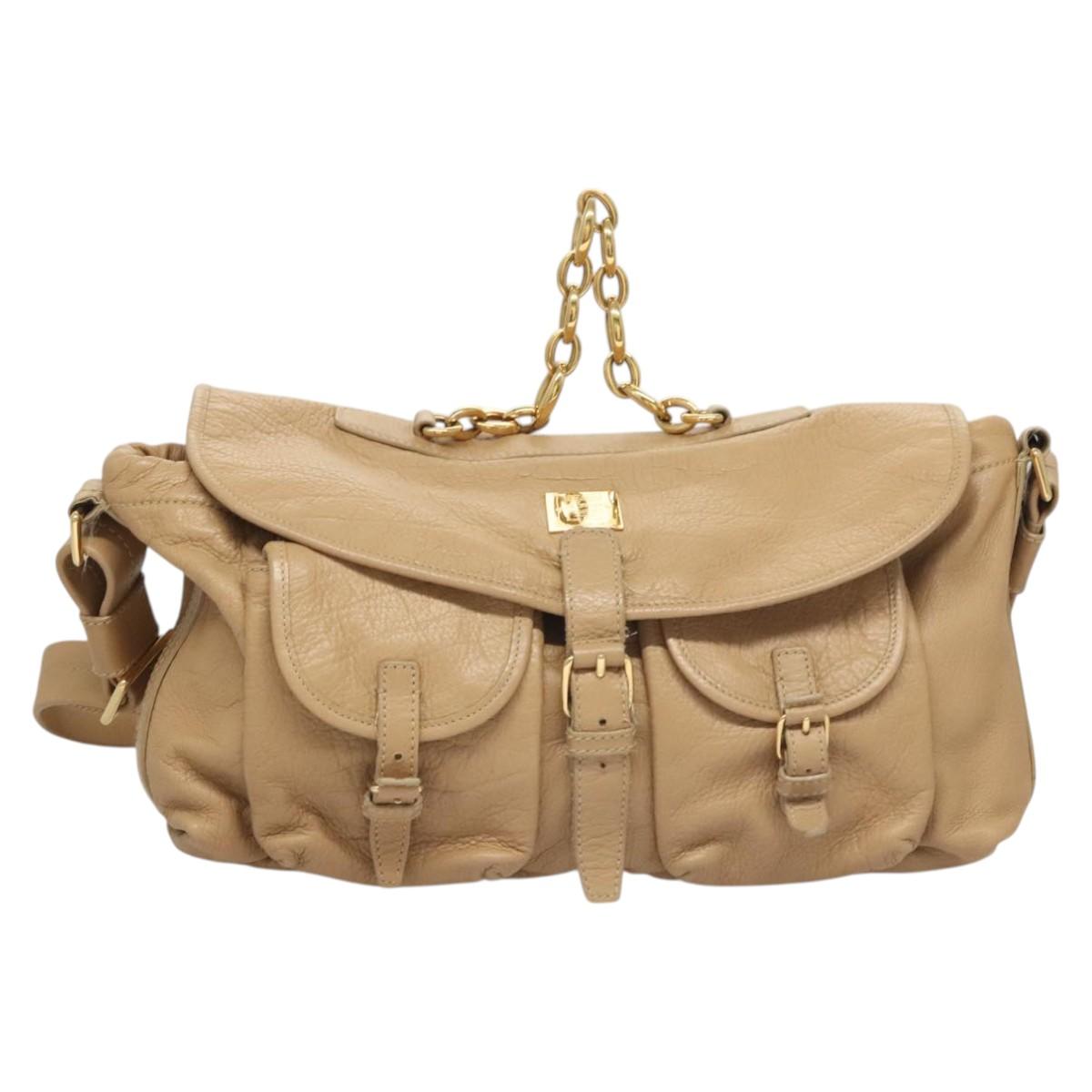 BVLGARI Shoulder Bag Leather Beige Gold Auth 124489