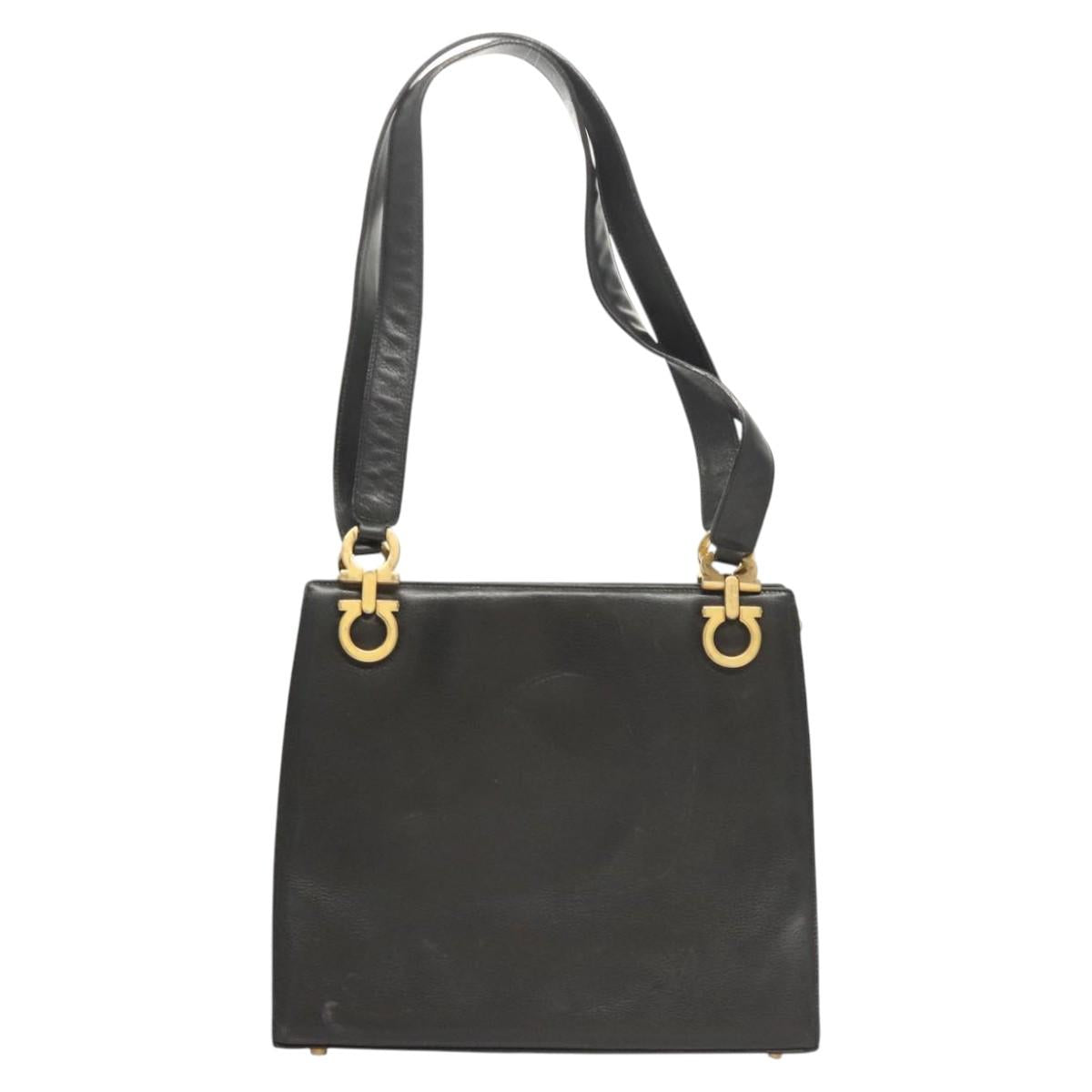 Salvatore Ferragamo Gancini Shoulder Bag Leather Black Gold Auth 124607