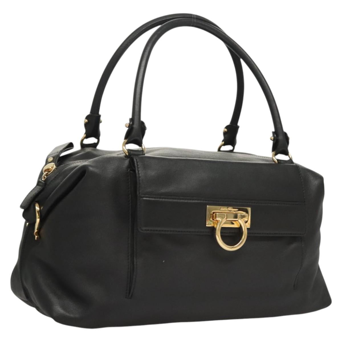 Salvatore Ferragamo Gancini Shoulder Bag Leather Black Gold Auth 124617
