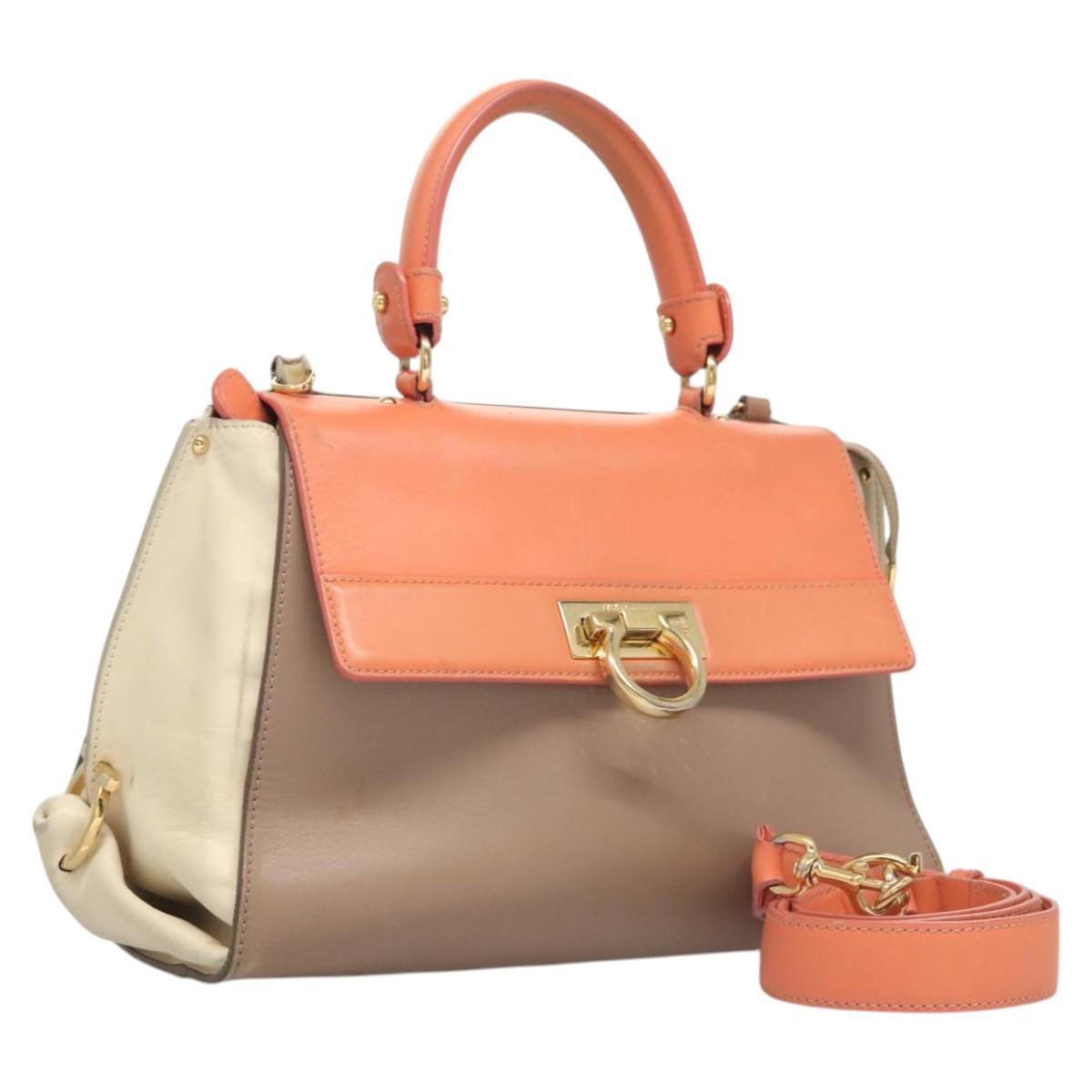 Salvatore Ferragamo Gancini Sofia Hand Bag Leather 2way Beige Gold Auth 124618