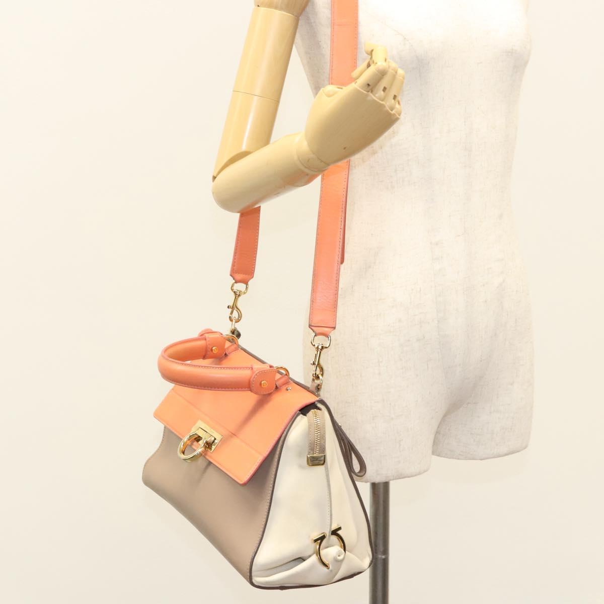 Salvatore Ferragamo Gancini Sofia Hand Bag Leather 2way Beige Gold Auth 124618