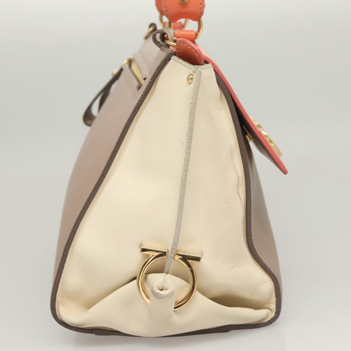 Salvatore Ferragamo Gancini Sofia Hand Bag Leather 2way Beige Gold Auth 124618