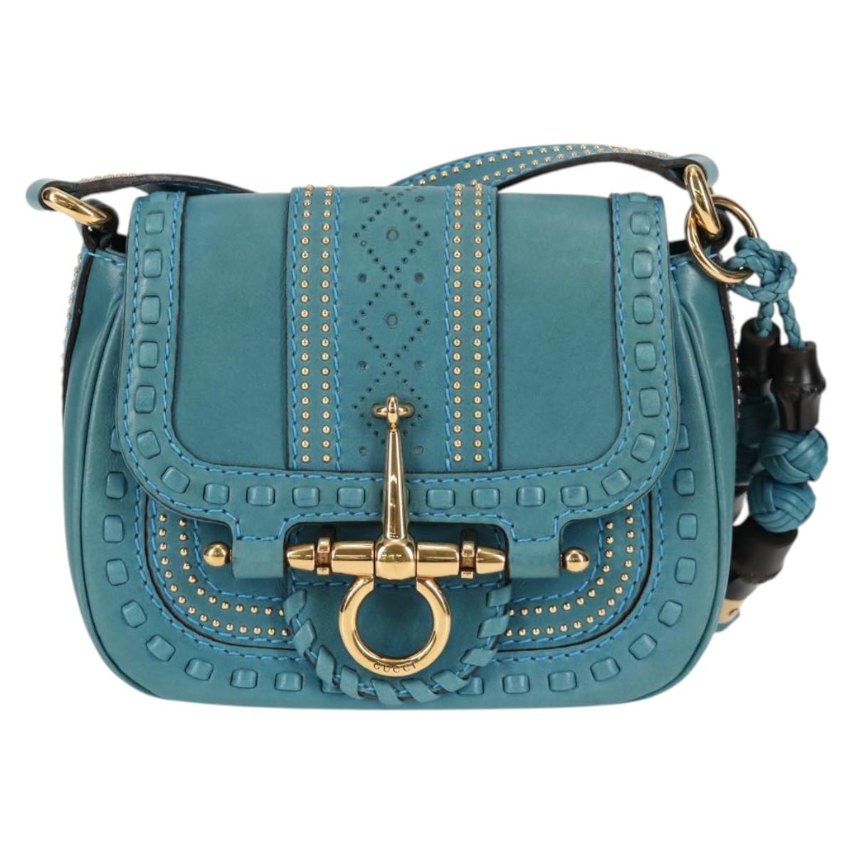 GUCCI Bamboo Shoulder Bag Leather Blue Gold 263956 Auth 124631V