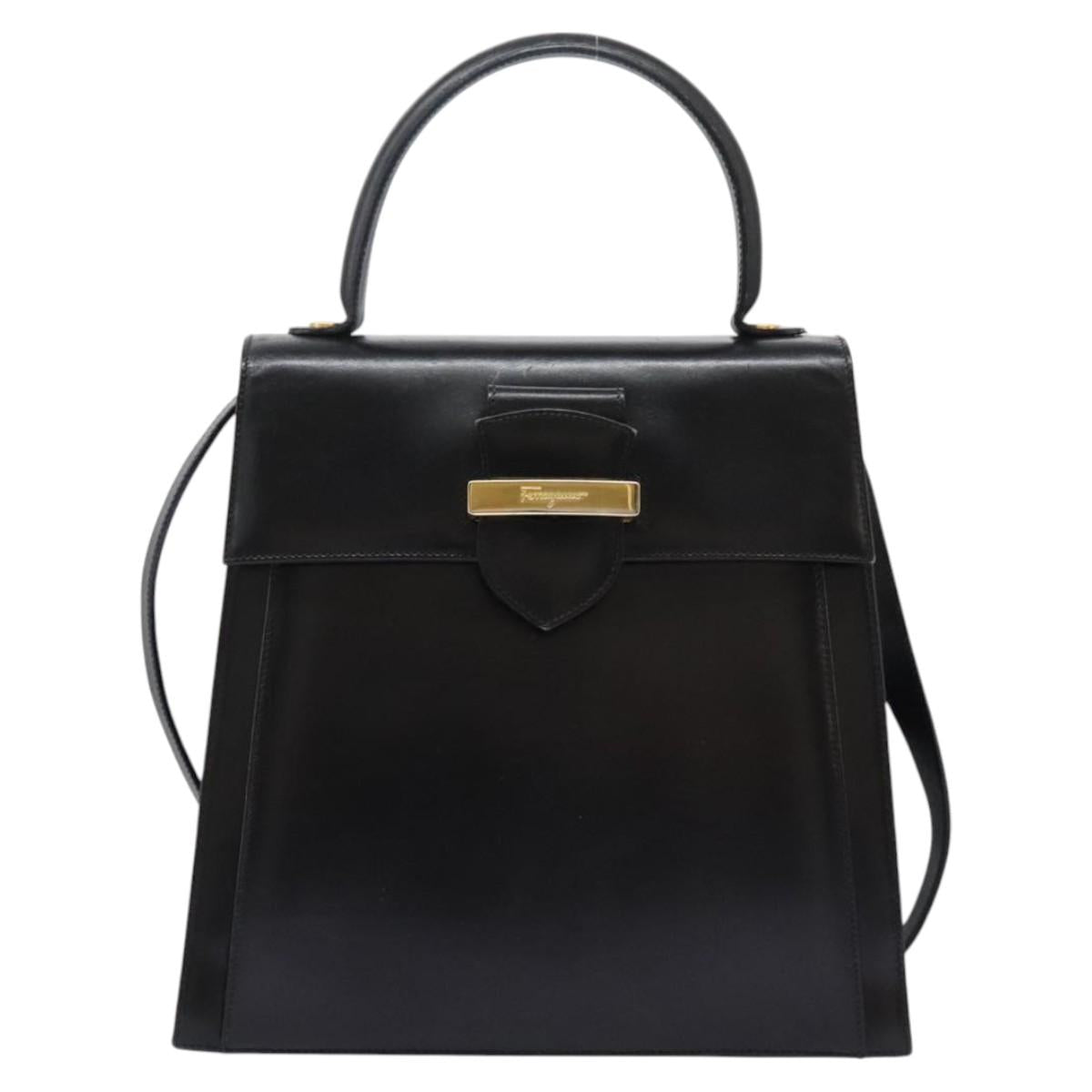 Salvatore Ferragamo Hand Bag Leather 2way Black Gold Auth 124649