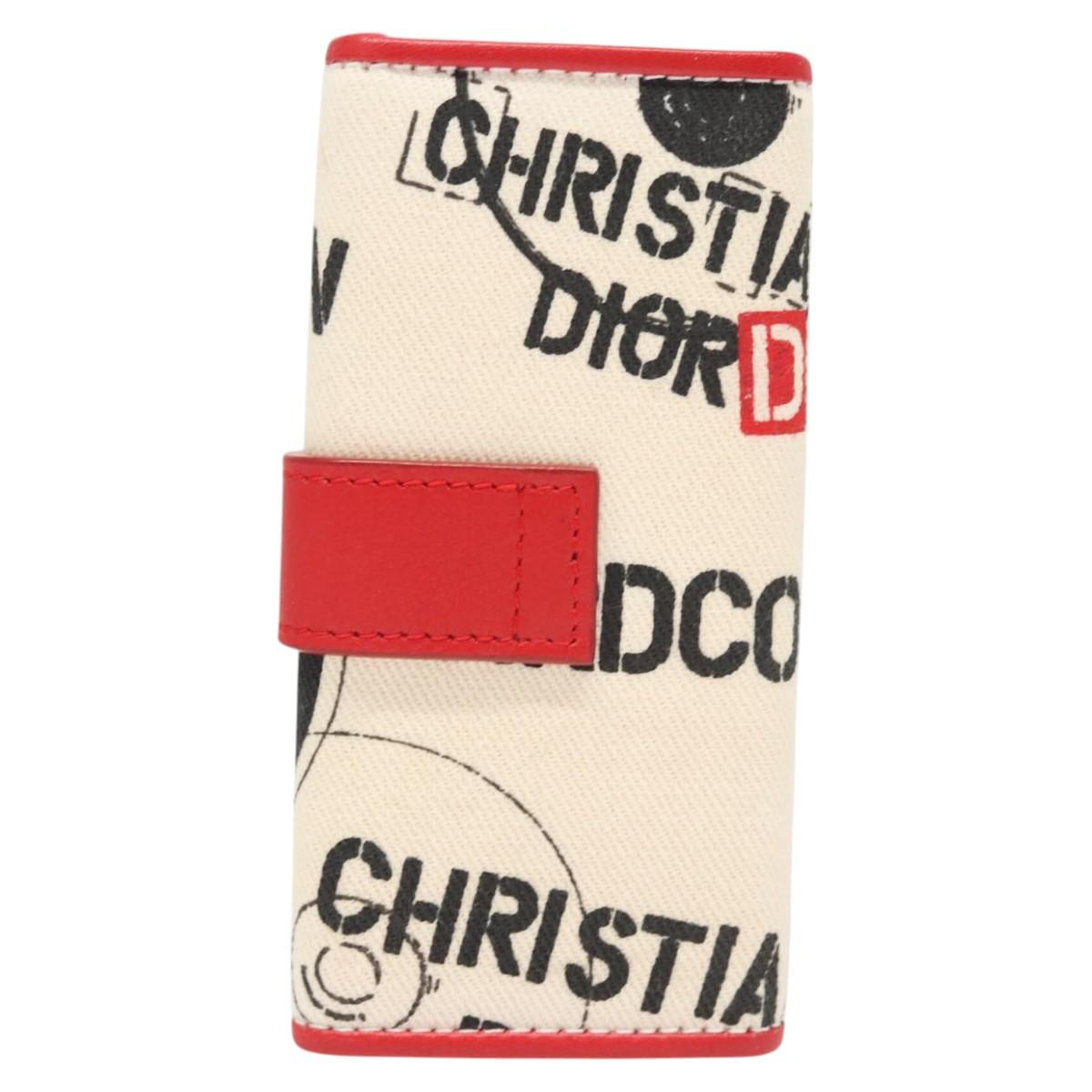 Christian Dior Hardcore Key Case Canvas White Red Auth 124776
