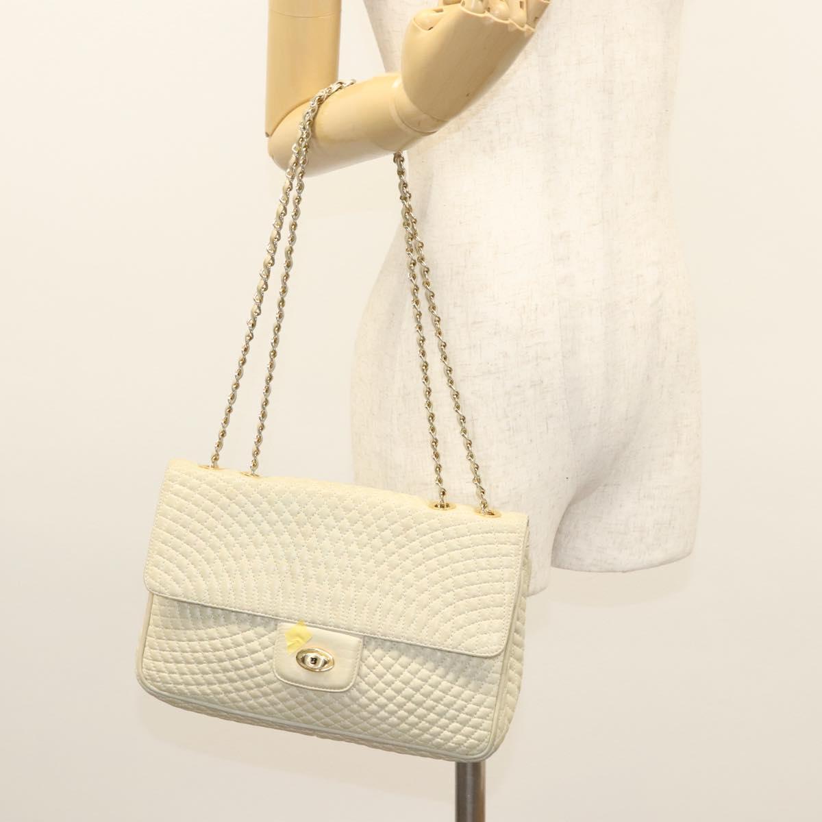 BALLY Chain Shoulder Bag Leather White Gold Auth 124788