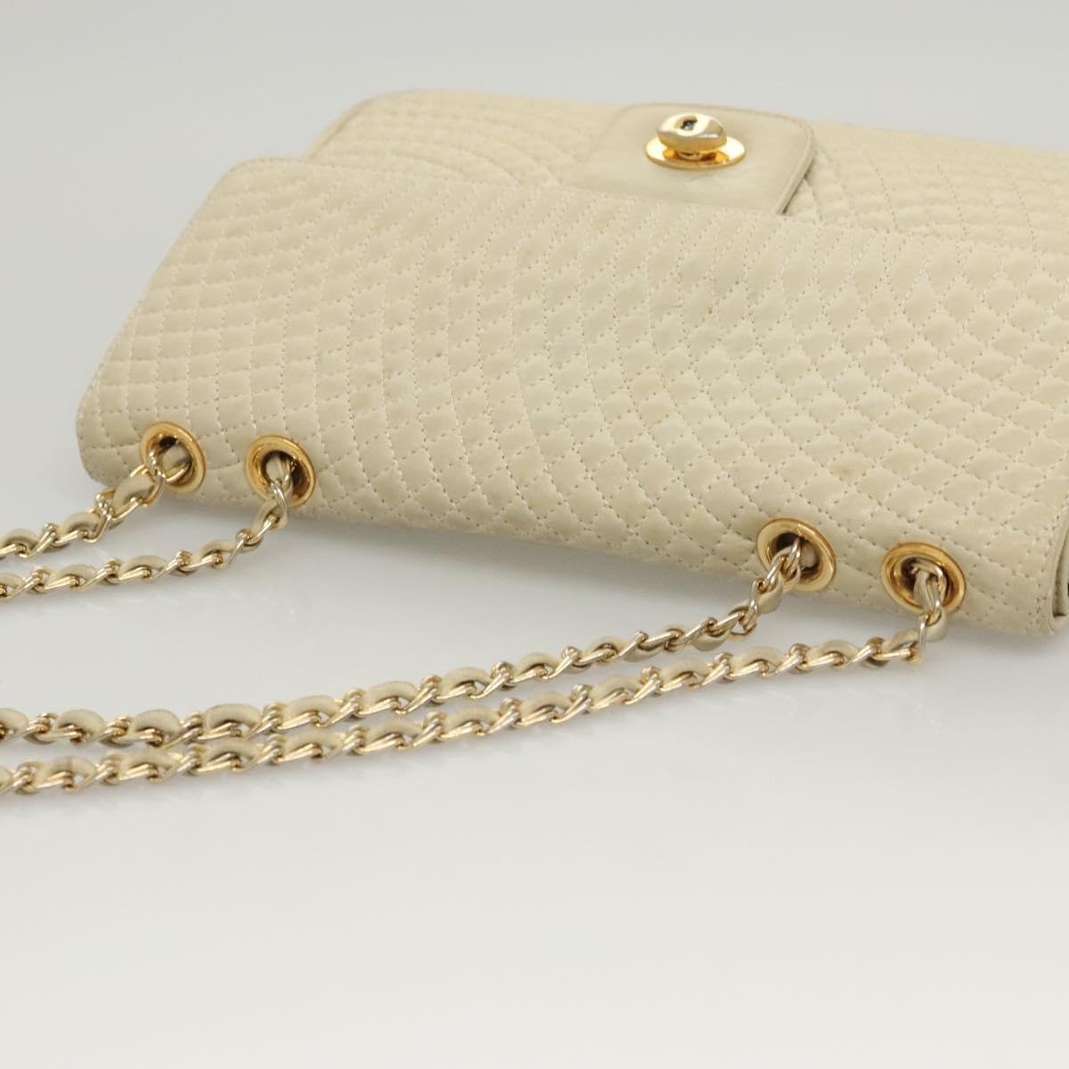 BALLY Chain Shoulder Bag Leather White Gold Auth 124788