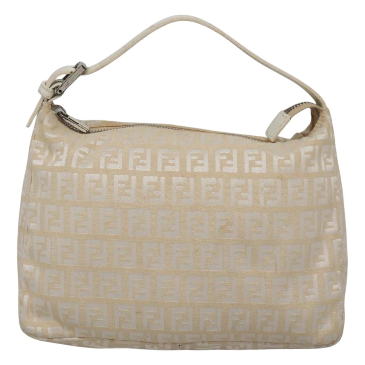FENDI Zucchino Canvas Hand Bag Beige Silver Auth 124833