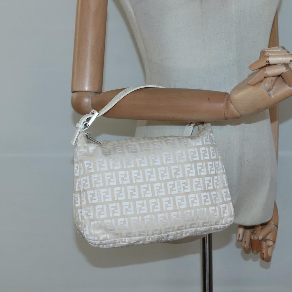 FENDI Zucchino Canvas Hand Bag Beige Silver Auth 124833
