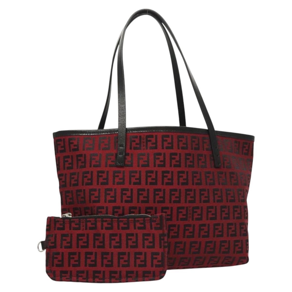 FENDI Zucchino Canvas Hand Bag Red Silver Auth 124864V