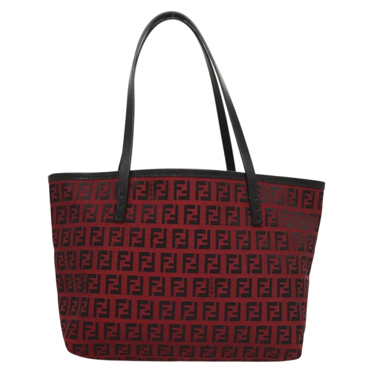 FENDI Zucchino Canvas Hand Bag Red Silver Auth 124864V