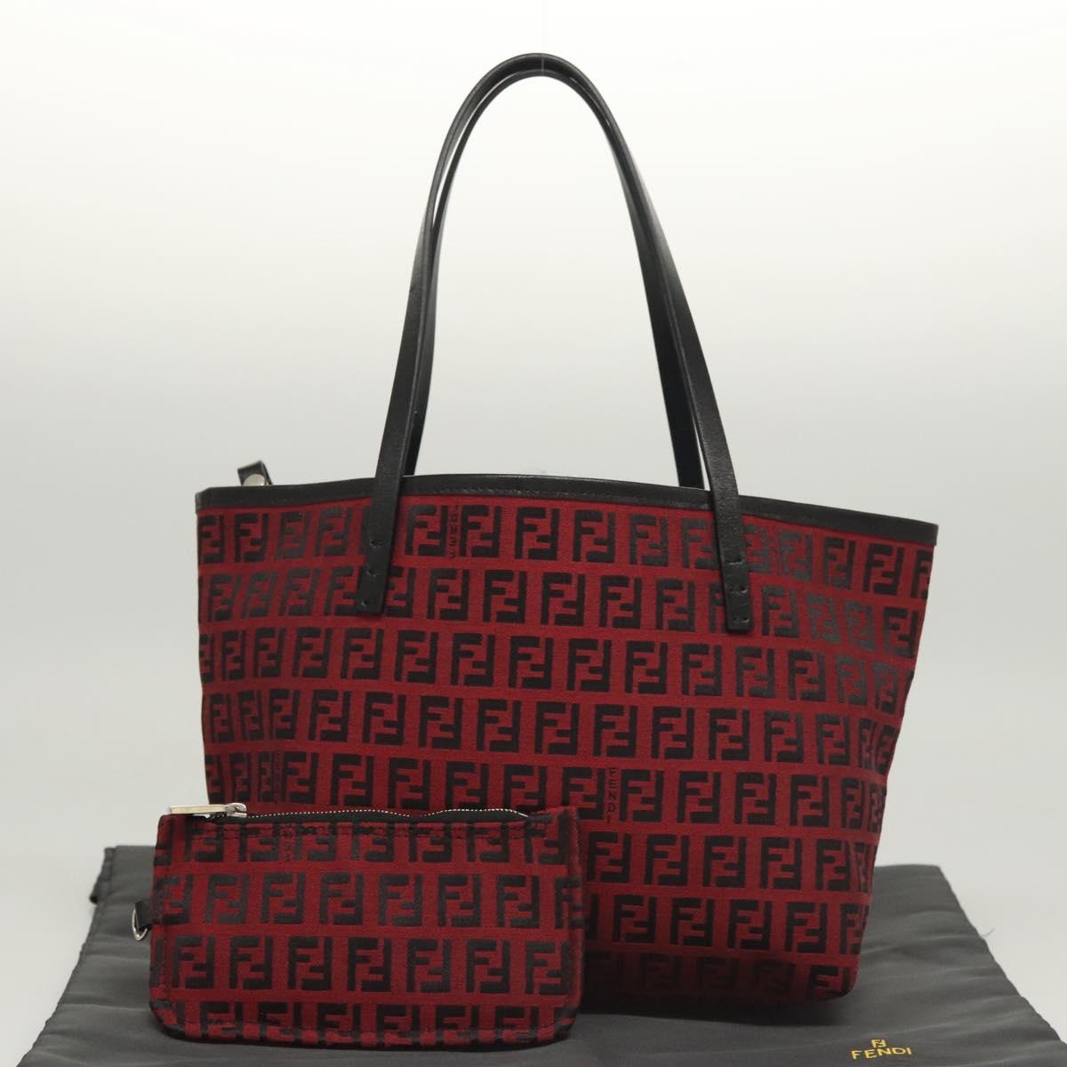 FENDI Zucchino Canvas Hand Bag Red Silver Auth 124864V