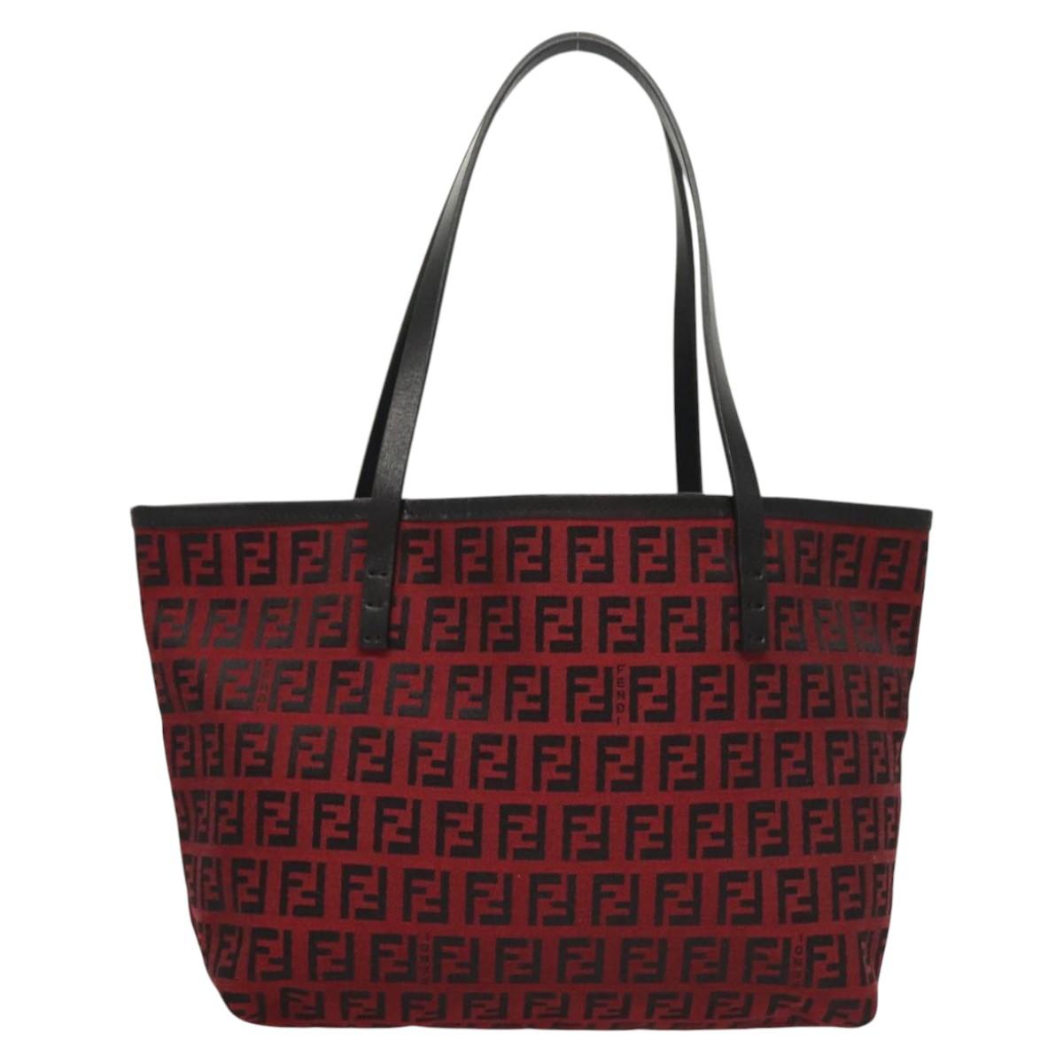 FENDI Zucchino Canvas Hand Bag Red Silver Auth 124864V