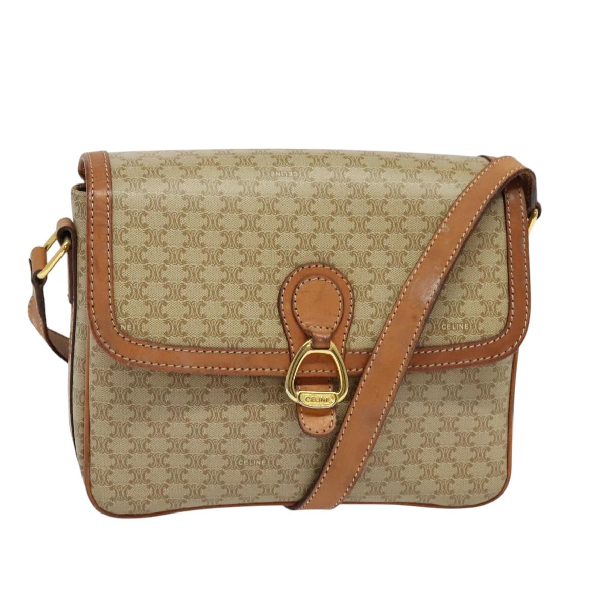 CELINE Macadam Canvas Shoulder Bag Beige Gold Auth 124879