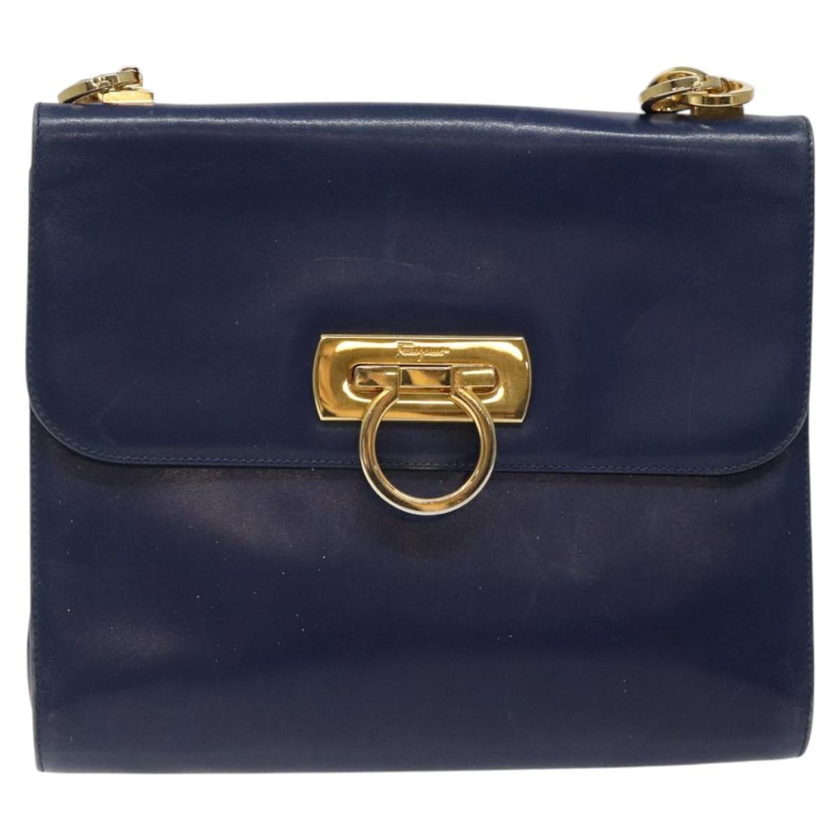 Salvatore Ferragamo Gancini Shoulder Bag Leather Blue Gold Auth 124976