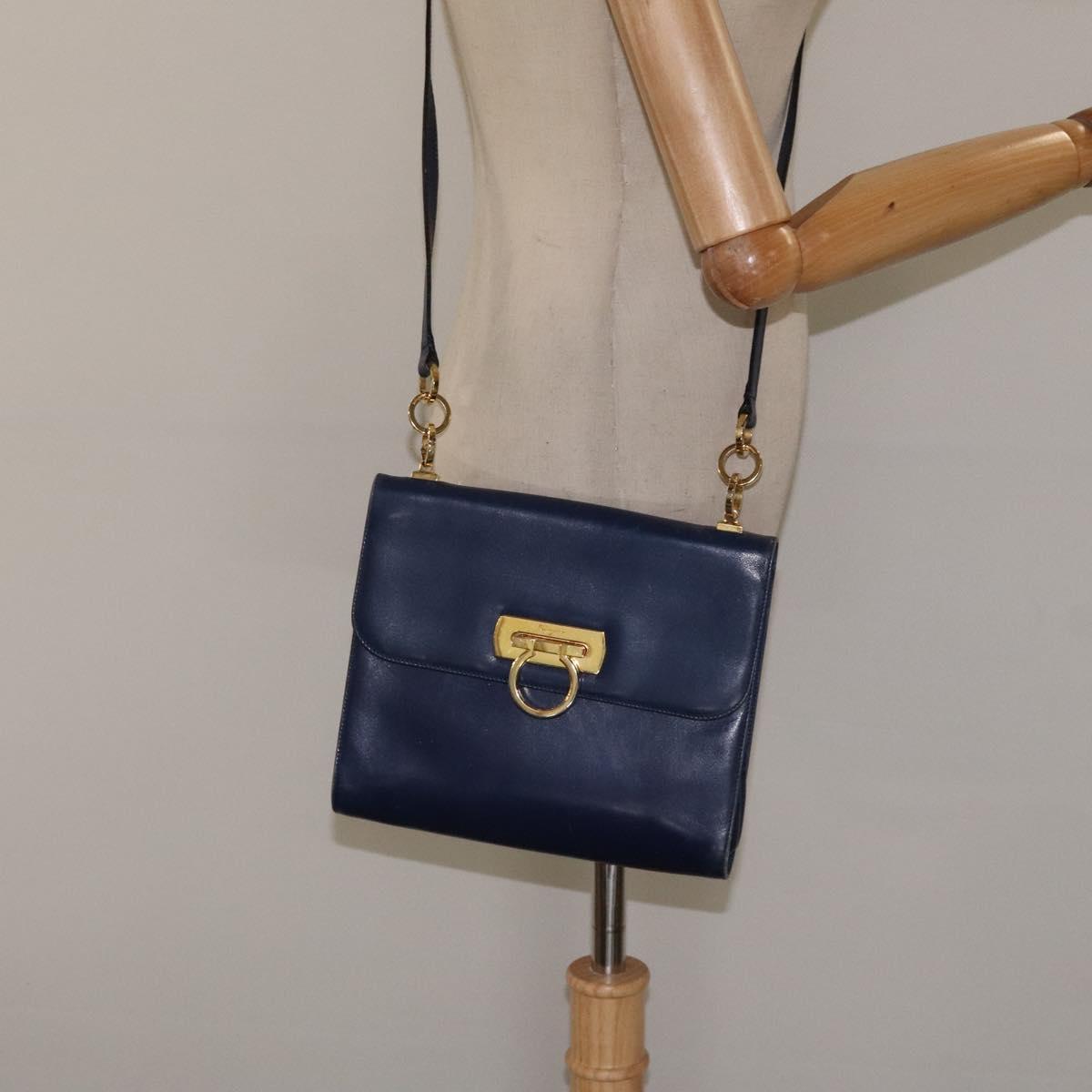 Salvatore Ferragamo Gancini Shoulder Bag Leather Blue Gold Auth 124976
