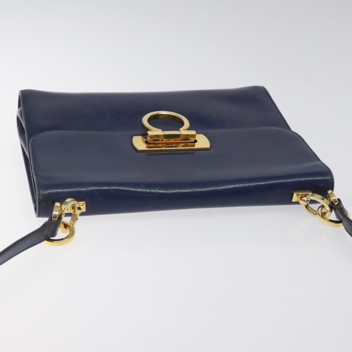 Salvatore Ferragamo Gancini Shoulder Bag Leather Blue Gold Auth 124976