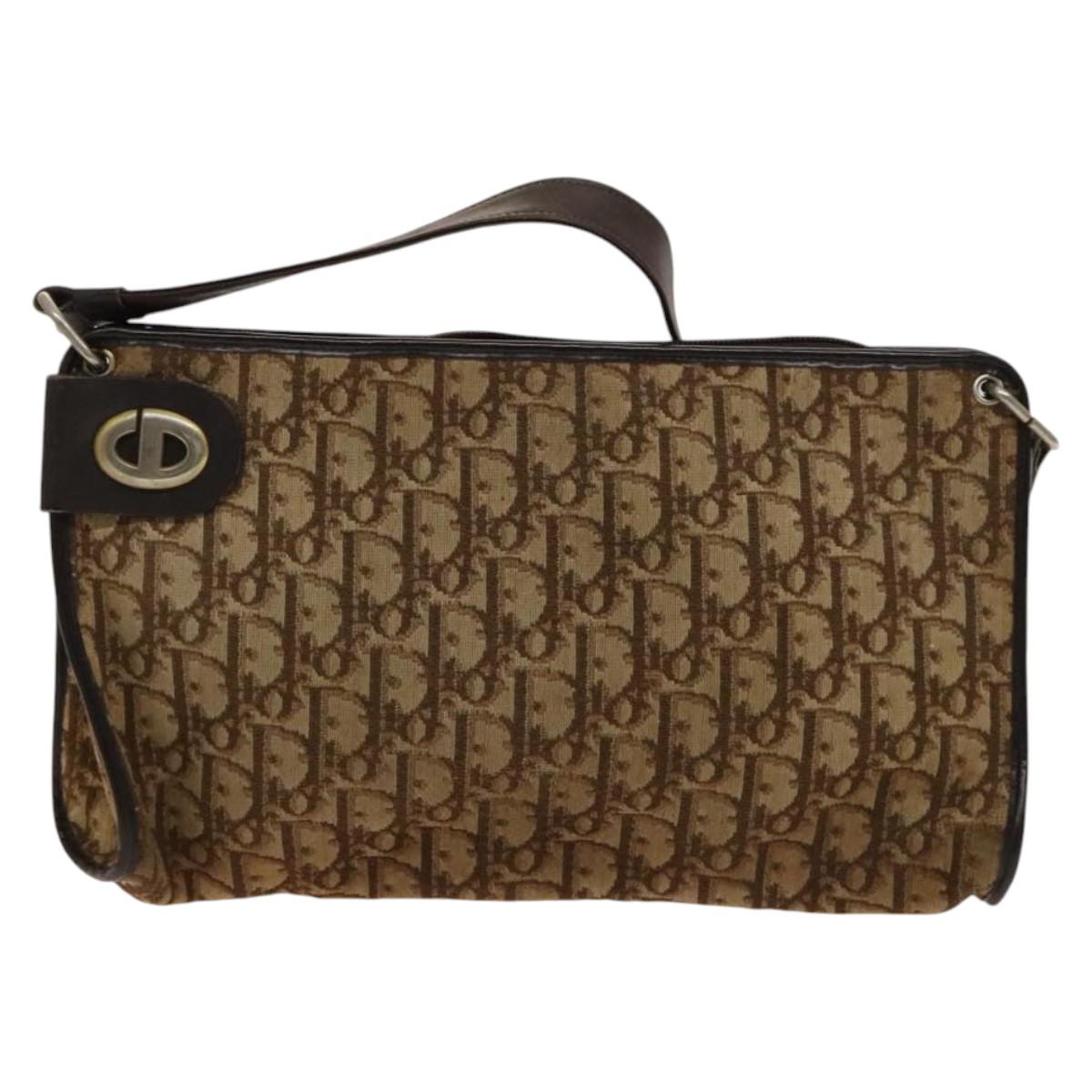 Christian Dior Trotter Canvas Shoulder Bag Brown Gold Auth 124990