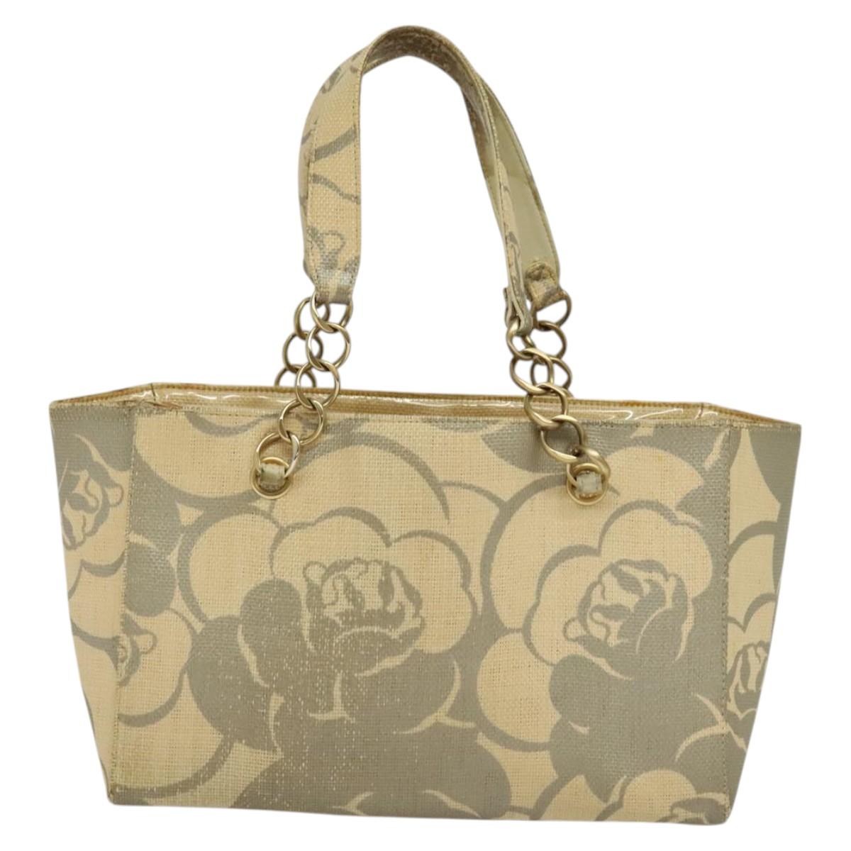 CHANEL Chain Tote Bag Straw Beige CC Auth 125000