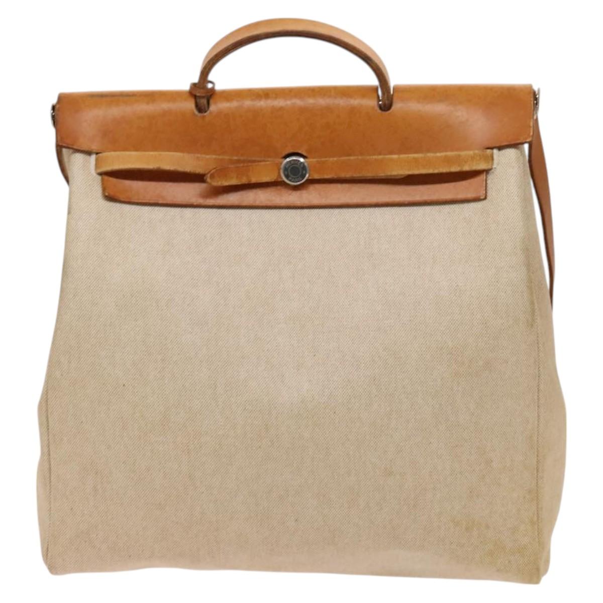 HERMES Herbag Cabas MM Hand Bag Canvas Leather Beige Brown Silver Auth 125002