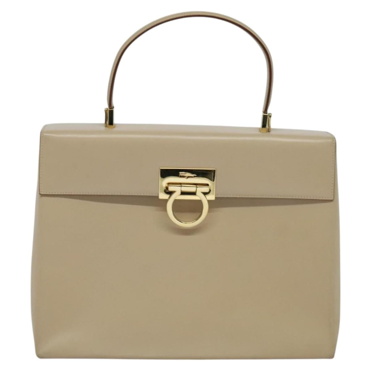 Salvatore Ferragamo Gancini Hand Bag Leather 2way Beige Gold Auth 125026