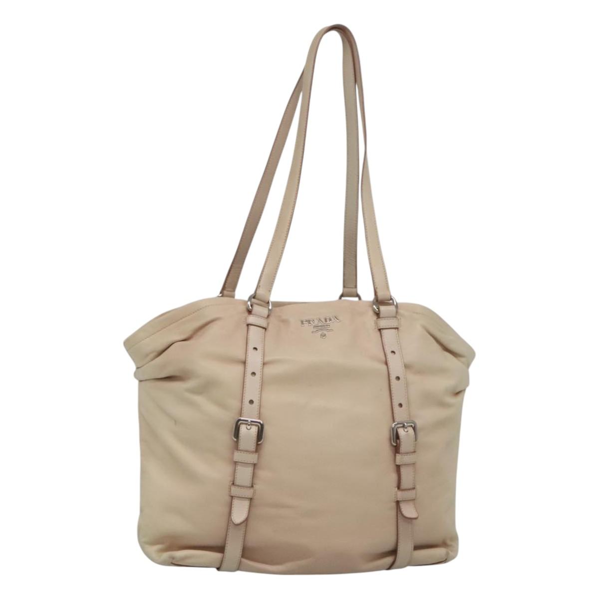 PRADA Shoulder Bag Leather Beige Silver Auth 125050