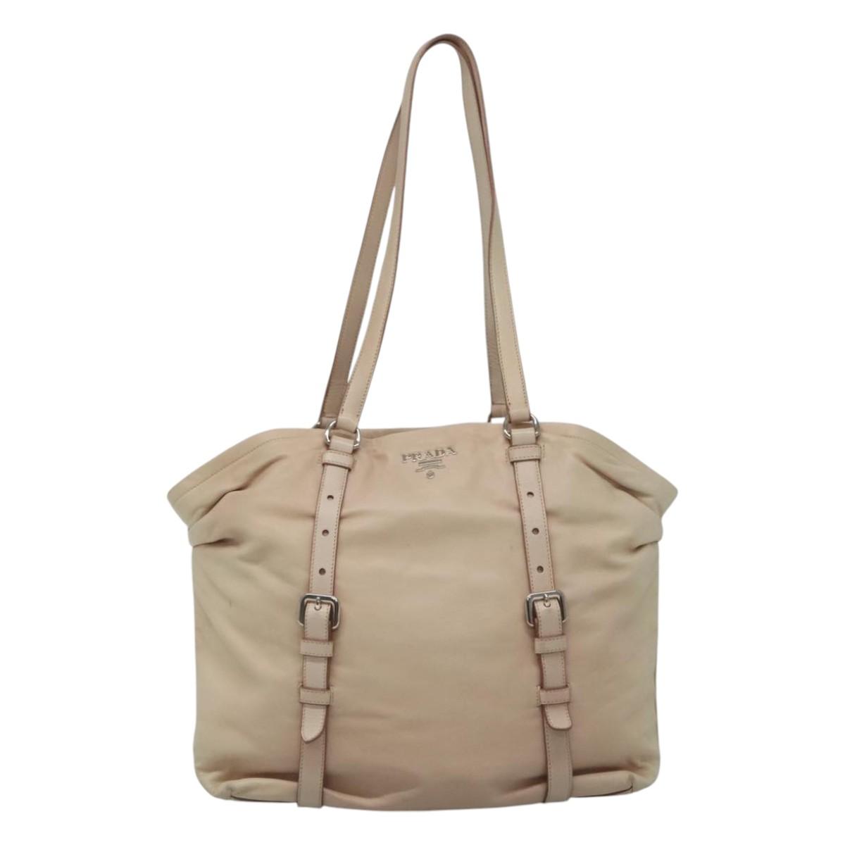 PRADA Shoulder Bag Leather Beige Silver Auth 125050