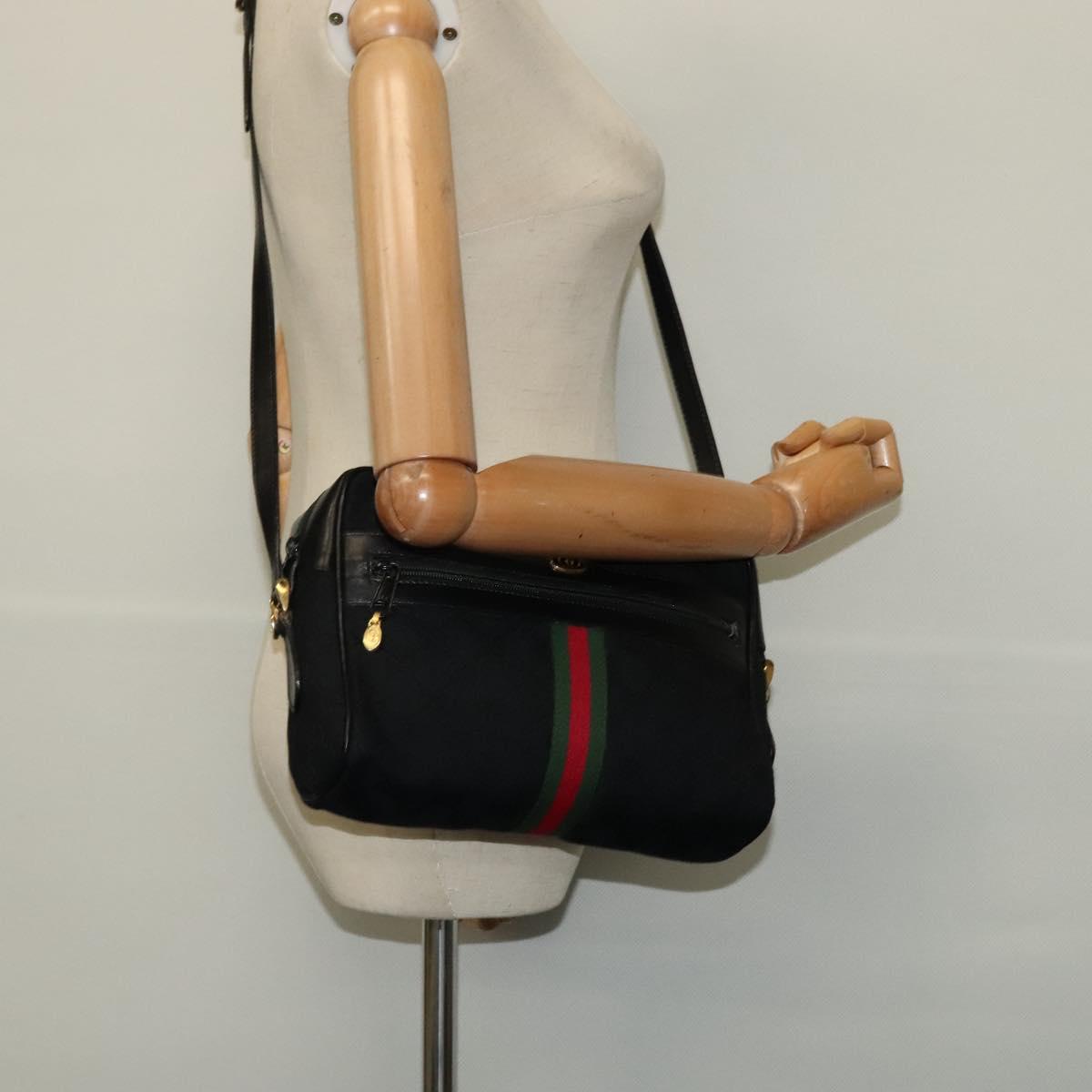 GUCCI GG Canvas Web Sherry Line Shoulder Bag Black Gold 37 0124071 Auth 125109