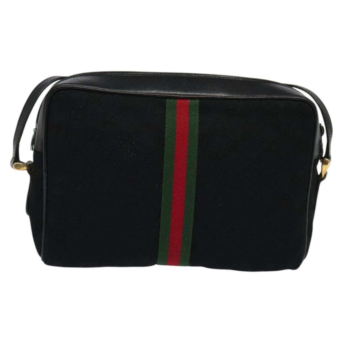 GUCCI GG Canvas Web Sherry Line Shoulder Bag Black Gold 37 0124071 Auth 125109
