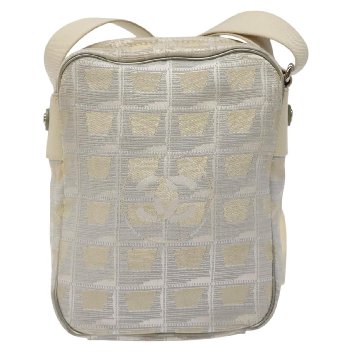 CHANEL New Travel Line Shoulder Bag Canvas White Silver CC Auth 125175