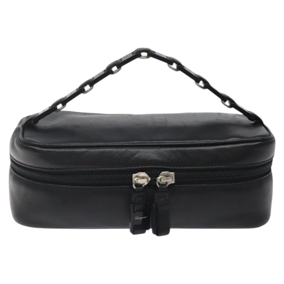 Salvatore Ferragamo Vanity Pouch Leather Black Silver Auth 125183