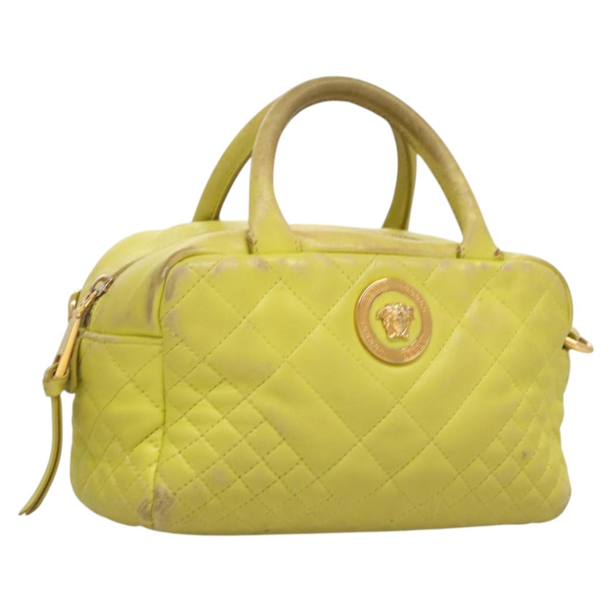 VERSACE Hand Bag Leather Green Gold Auth 125242