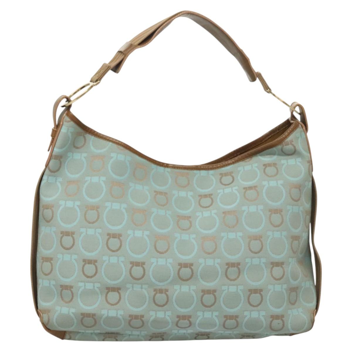 Salvatore Ferragamo Gancini Shoulder Bag Canvas Light Blue Gold Auth 125278