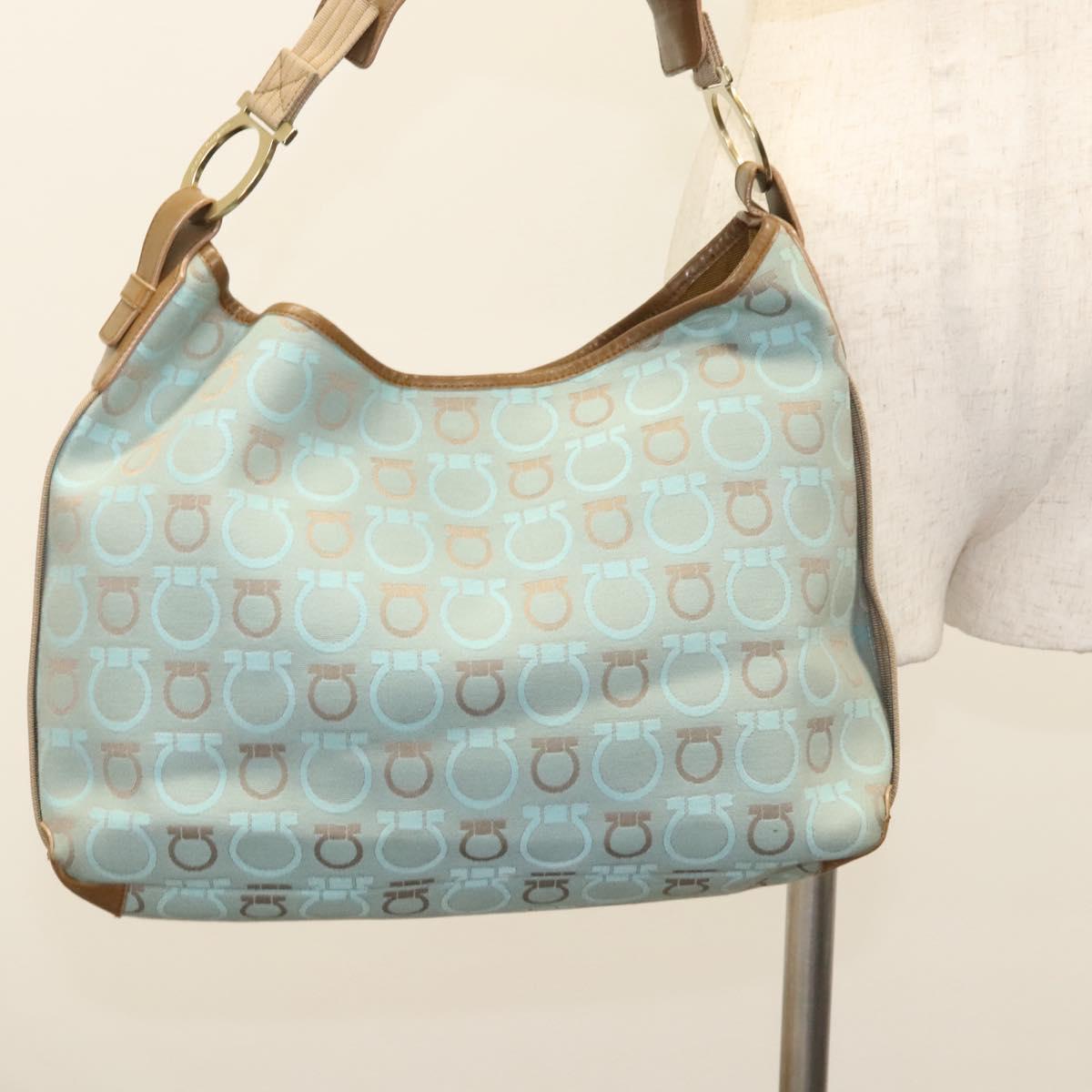 Salvatore Ferragamo Gancini Shoulder Bag Canvas Light Blue Gold Auth 125278