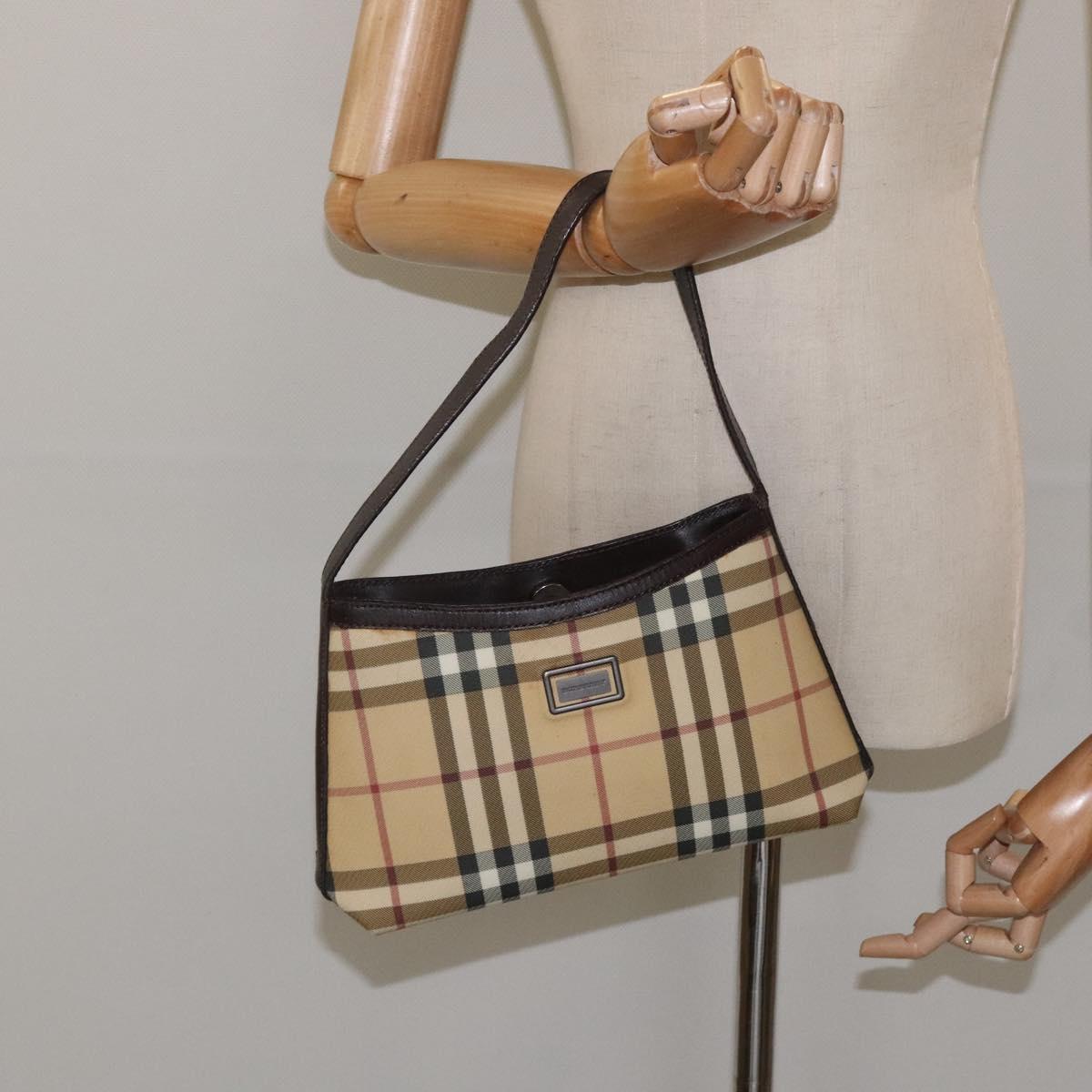 BURBERRY Nova Check Shoulder Bag PVC Beige Gold Auth 125282