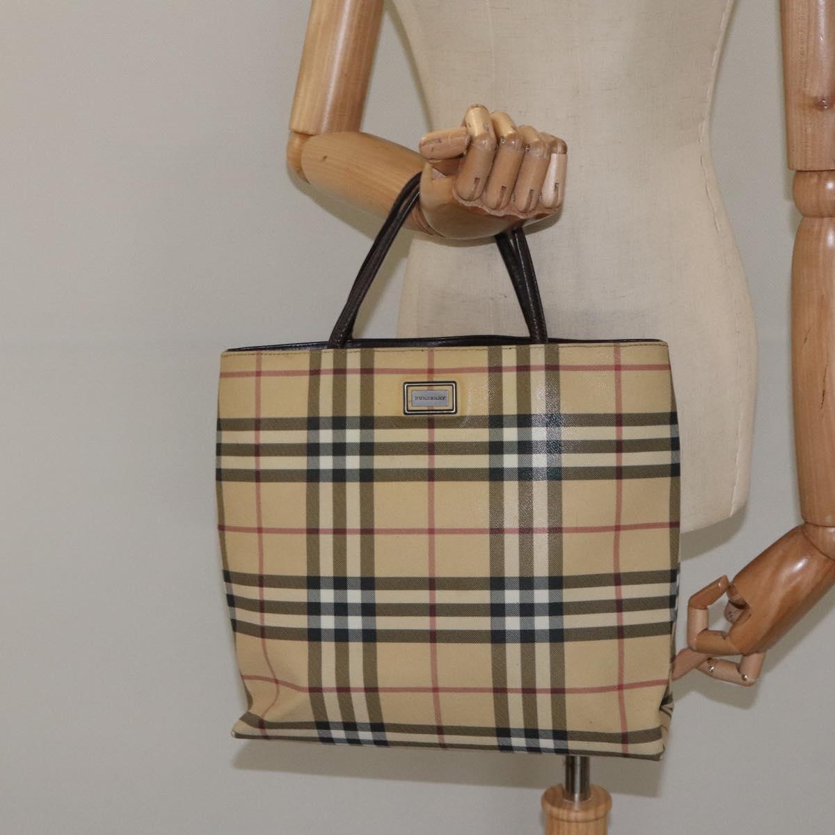 BURBERRY Nova Check Hand Bag PVC Beige Silver Auth 125300