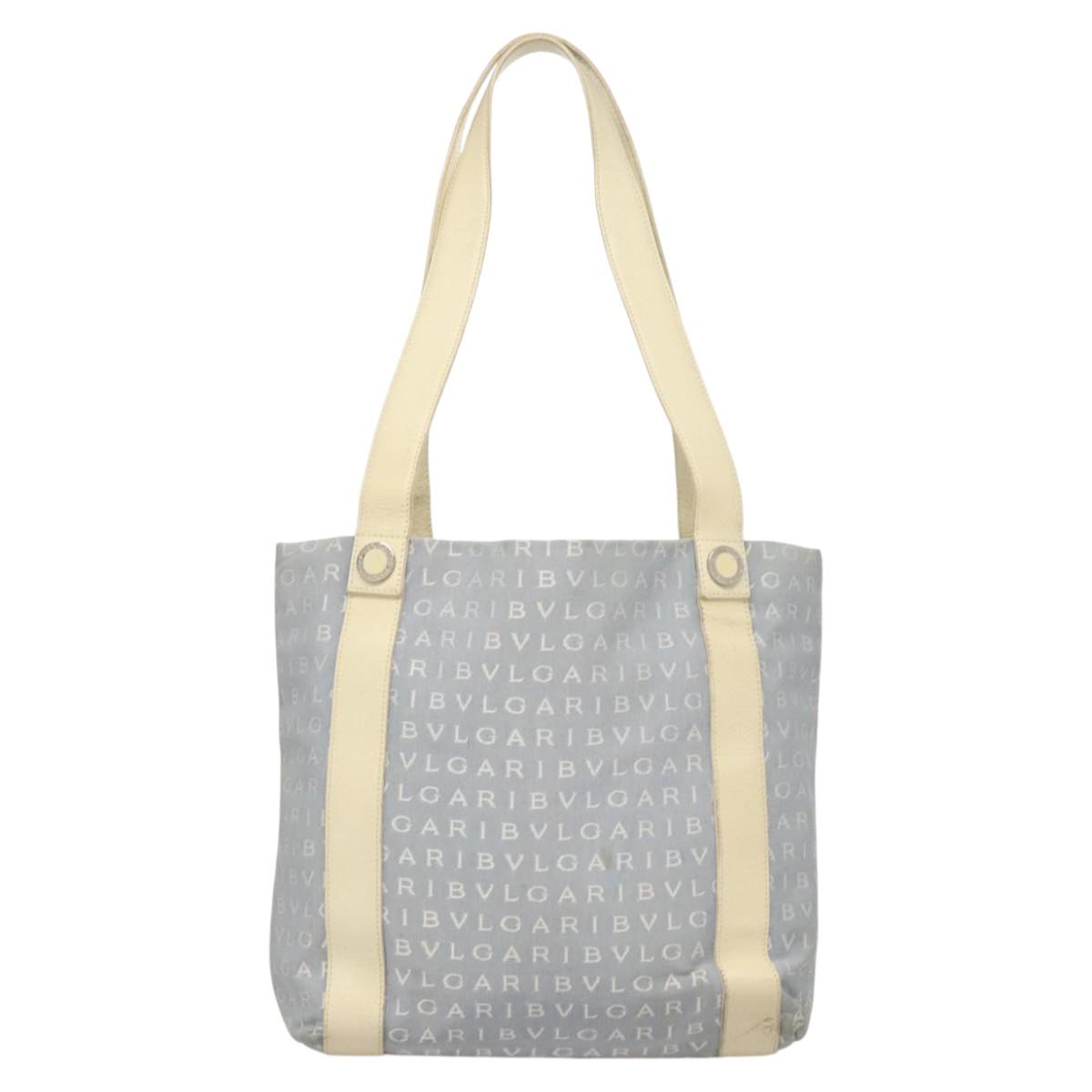 BVLGARI Logogram Tote Bag Canvas Light Blue Silver Auth 125302