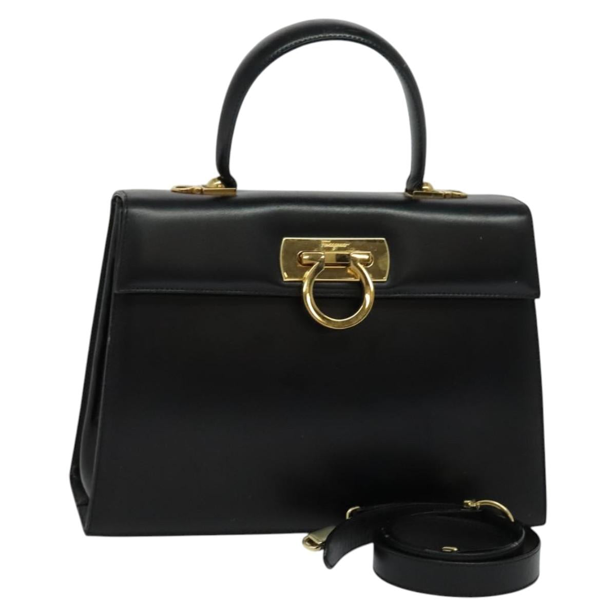 Salvatore Ferragamo Gancini Hand Bag Leather 2way Black Gold Auth 125372