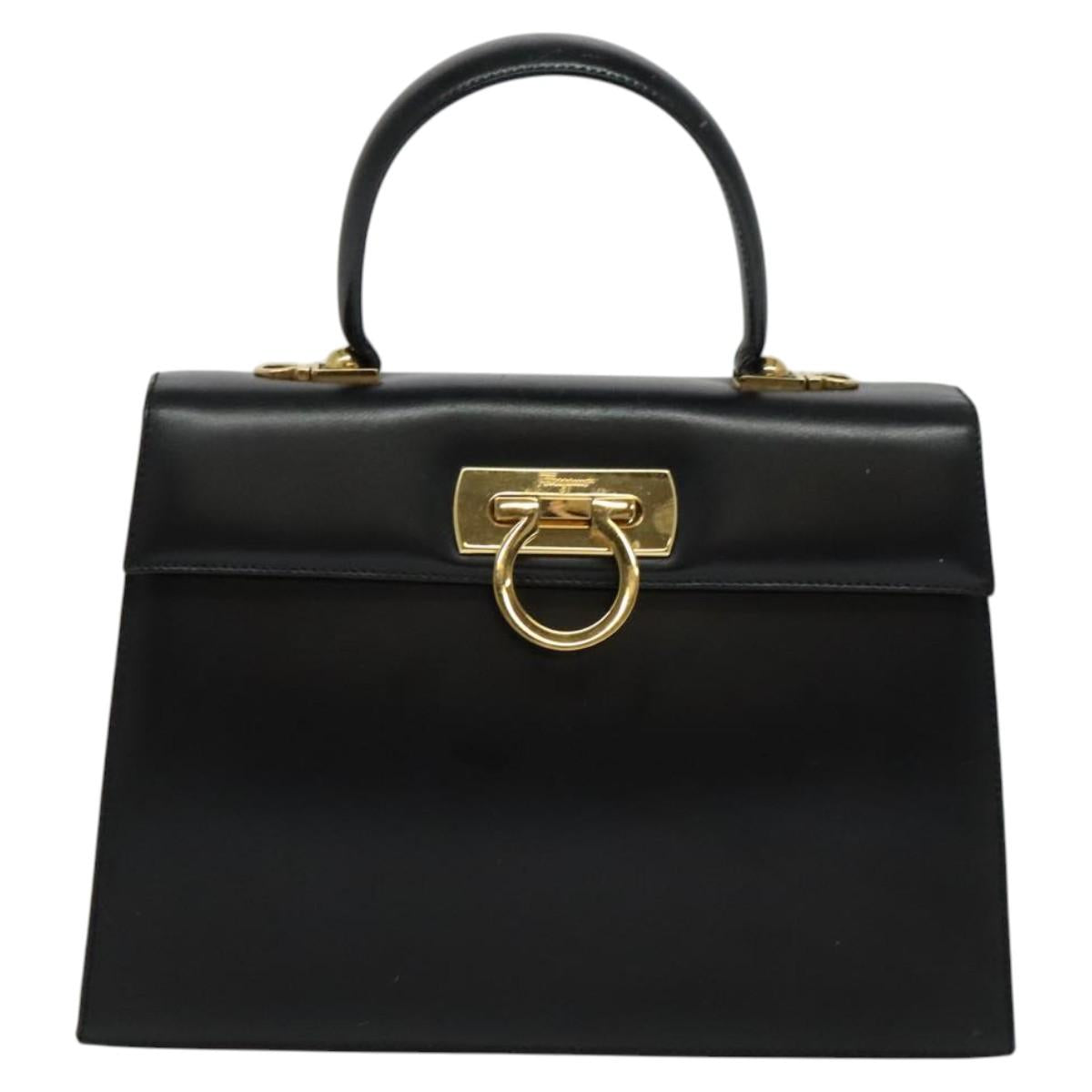 Salvatore Ferragamo Gancini Hand Bag Leather 2way Black Gold Auth 125372