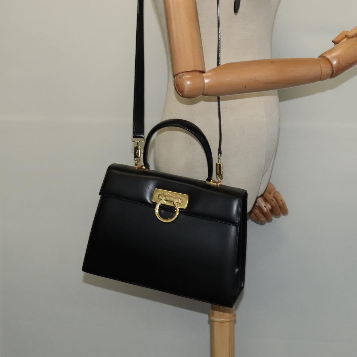 Salvatore Ferragamo Gancini Hand Bag Leather 2way Black Gold Auth 125372