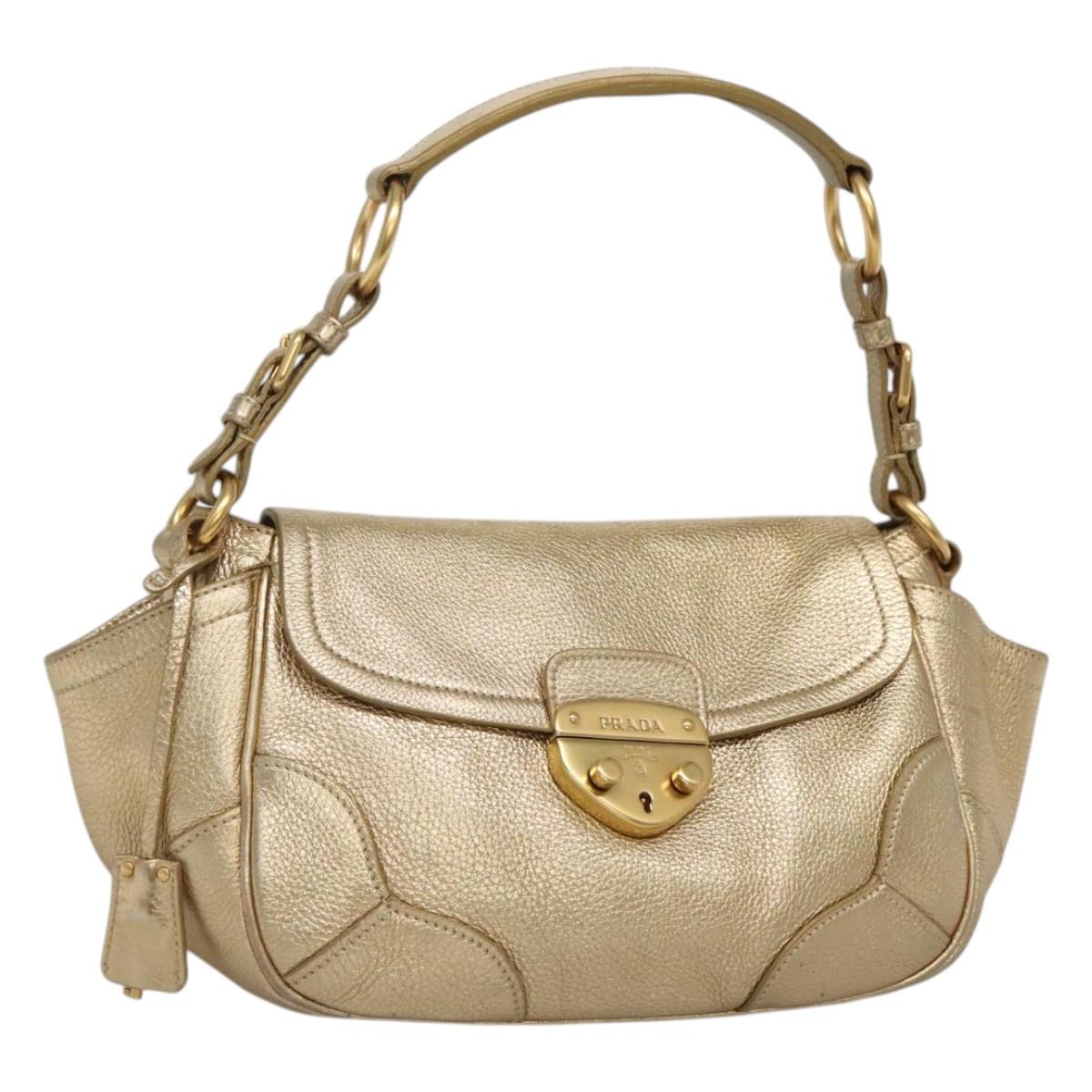 PRADA Shoulder Bag Leather Gold Tone Auth 125408